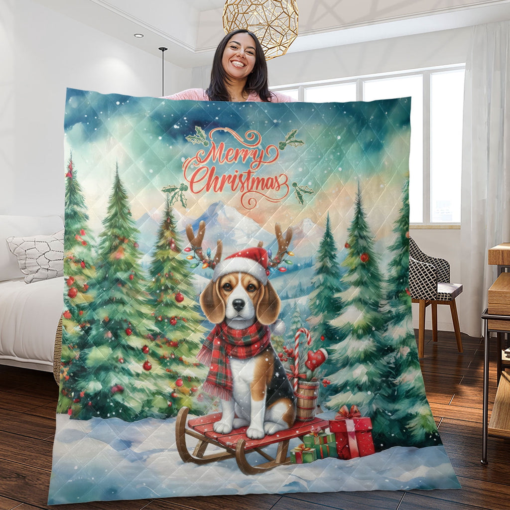 Merry Christmas Santa Reindeer Antlers French Bulldog Sleigh Xmas Winter Holiday Quilt Bedding Set Dog Lover Gifts 1 Blanket Bed Cover 2 Pillowcases - 00023
