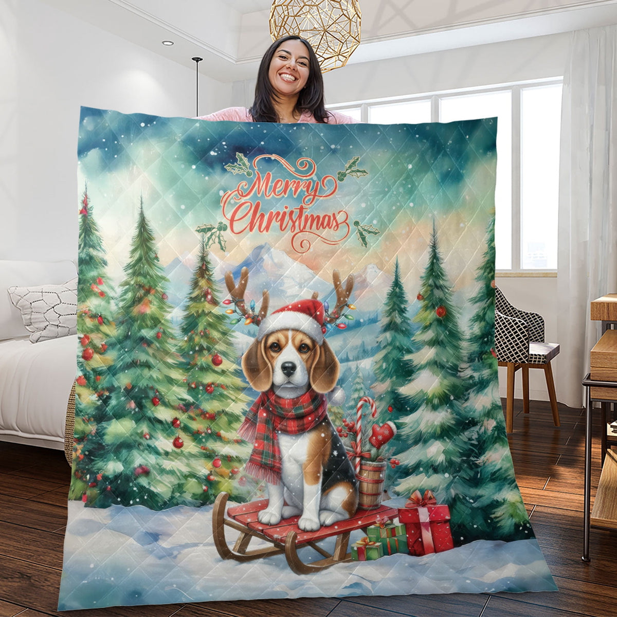 Merry Christmas Santa Reindeer Antlers French Bulldog Sleigh Xmas Winter Holiday Quilt Bedding Set Dog Lover Gifts 1 Blanket Bed Cover 2 Pillowcases - 00023