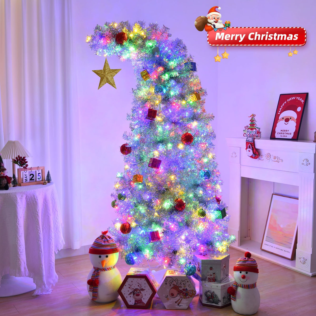 Ktaxon 8 FT Pre-lit Christmas Tree, Xmas Tree Hinged Branches with 500 RGB Lights and 1500 Branch Tips APP Controlled, for Holiday Party Store Office Home, White