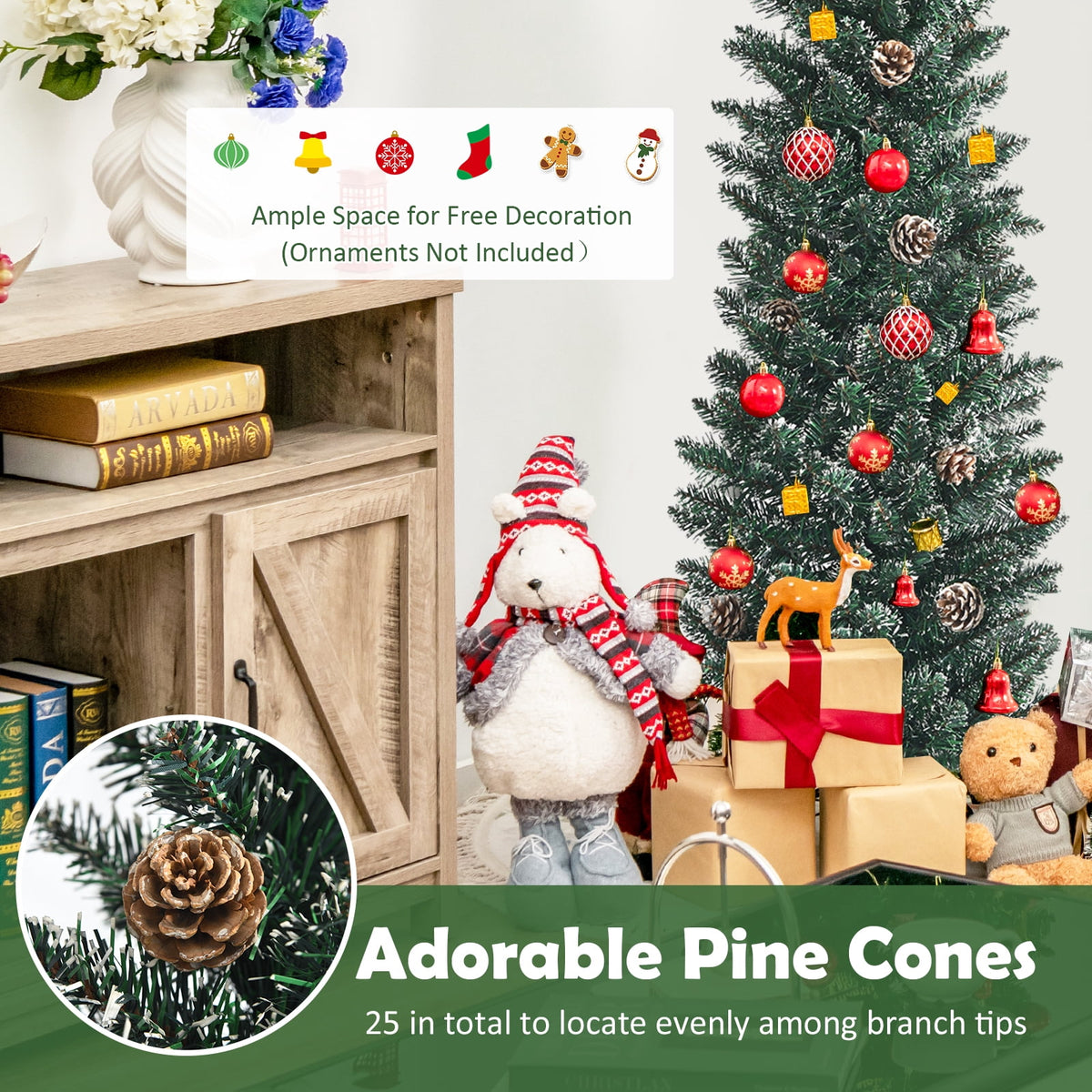 Topbuy 5FT Slim Pencil Tree Snowy Artificial Christmas Tree with 214 PVC Branch Tips & 25 Pine Cones Full Holiday Decoration Tree for Xmas