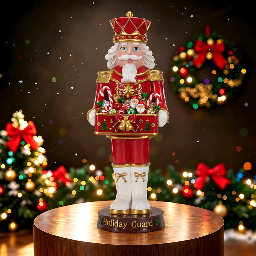 Christmas Nutcracker Soldier Statue with Serving Tray, Red & Gold Holiday Guard Figurine