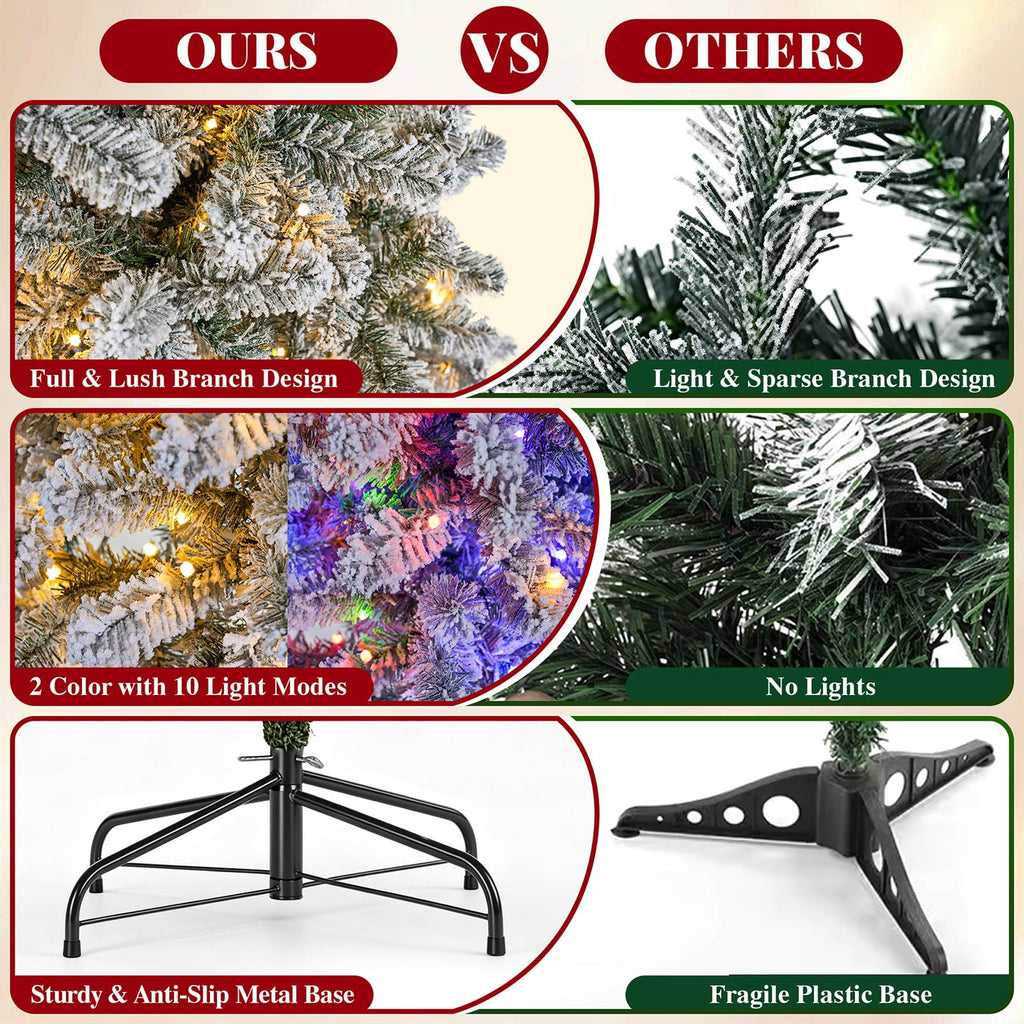Goosiay 7ft Snow Flocked Pencil Christmas Tree, Pre-Lit Artificial Christmas Tree with 640 Tips,300 Warm White & Multicolor Lights, 10 Modes, Slim Xmas Tree with Stand