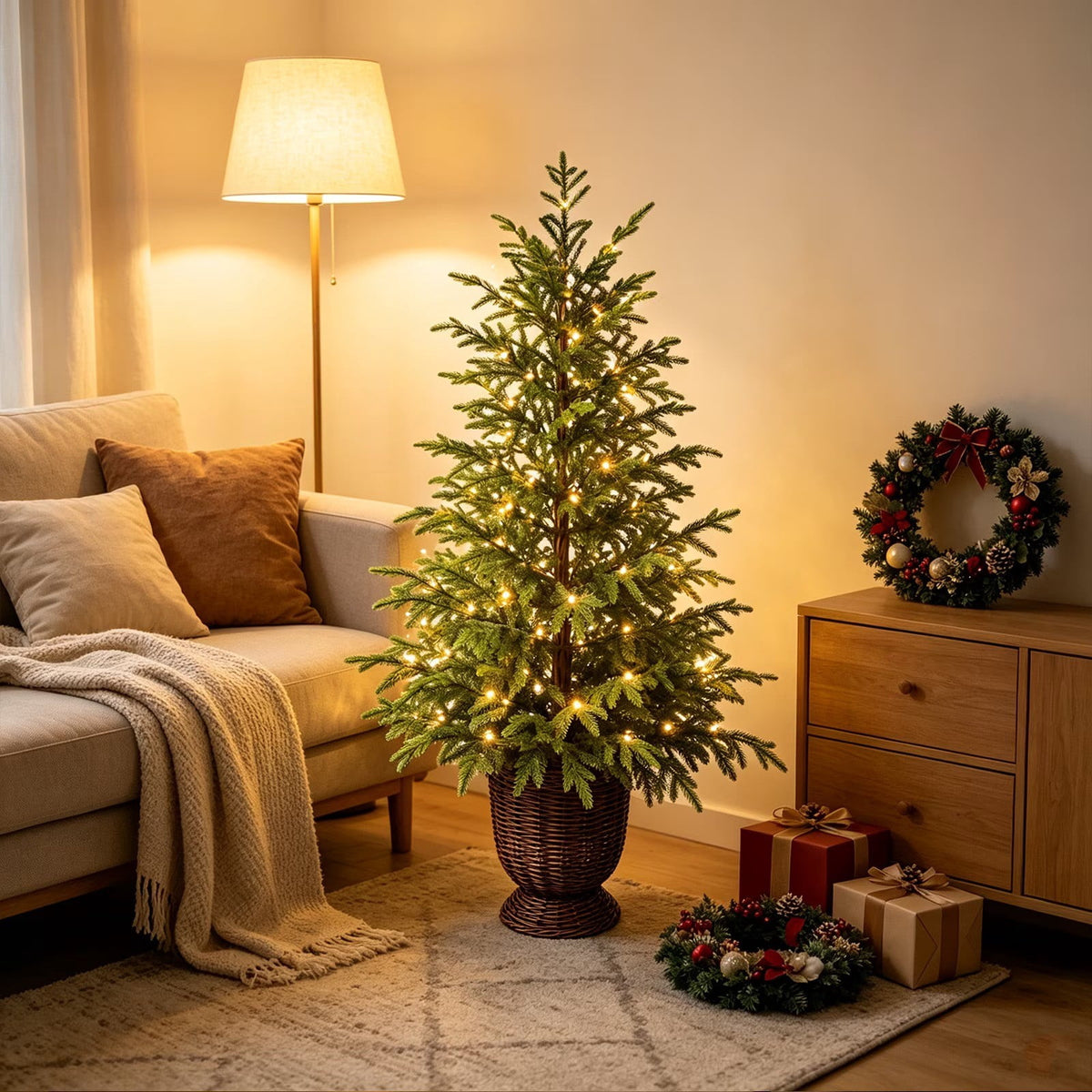 3ft Prelit Green Artificial Christmas Tree Lifelike Potted Spruce Xmas Tree With Warm LED Lights for Home,Office,Party Decoration,Hinged Design and Stable Base,Indoor Holiday Decor for Home