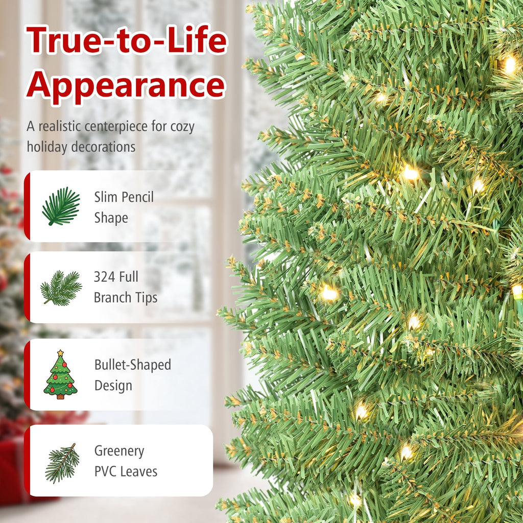 Costway 6 FT Pencil Christmas Tree Pre-Lit Folding Metal Stand Green