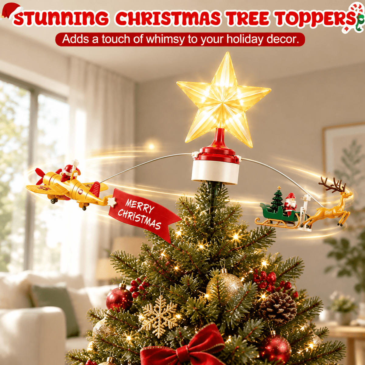 Animated Christmas Tree Topper with Lighted Star, Rotating Santa Sleigh, Airplane, Music, and Screw-Clamp Mount