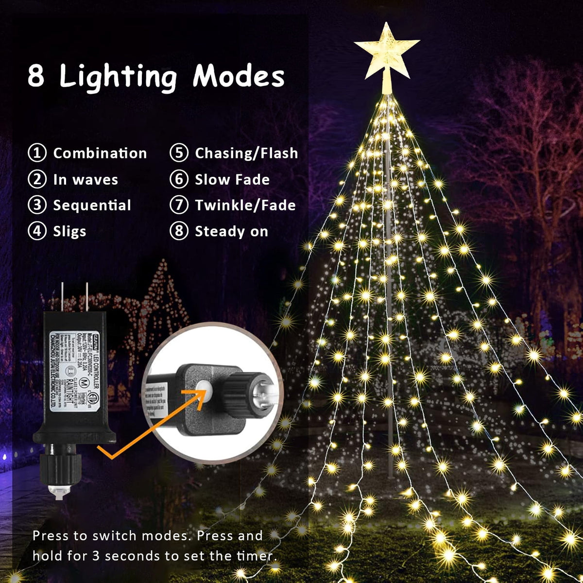 PMMIPNW Christmas Tree Lights Plug in 180LED, 8 Modes Christmas String Light with Topper Star, Waterfall Xmas Tree Lights with Timer for 6ft - 8ft Tree Wall Decoration (Multicolor)