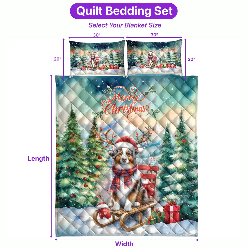 Merry Christmas Santa Reindeer Antlers French Bulldog Sleigh Xmas Winter Holiday Quilt Bedding Set Dog Lover Gifts 1 Blanket Bed Cover 2 Pillowcases - 00023