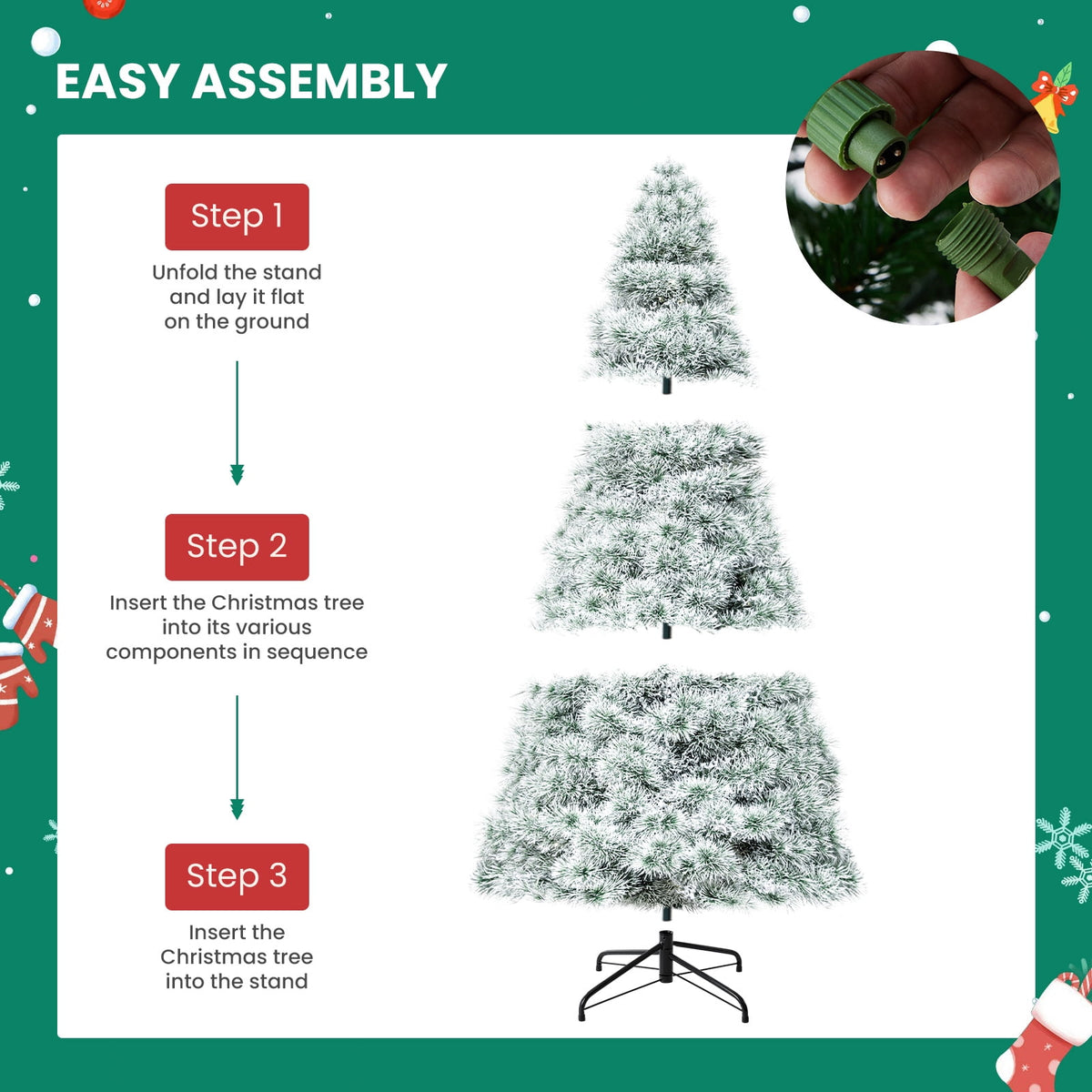 JIOABL 7.5ft Flocked Pre-lit Artificial Christmas Tree with Warm White Incandescent Lights, Home, Office, and Party Decor