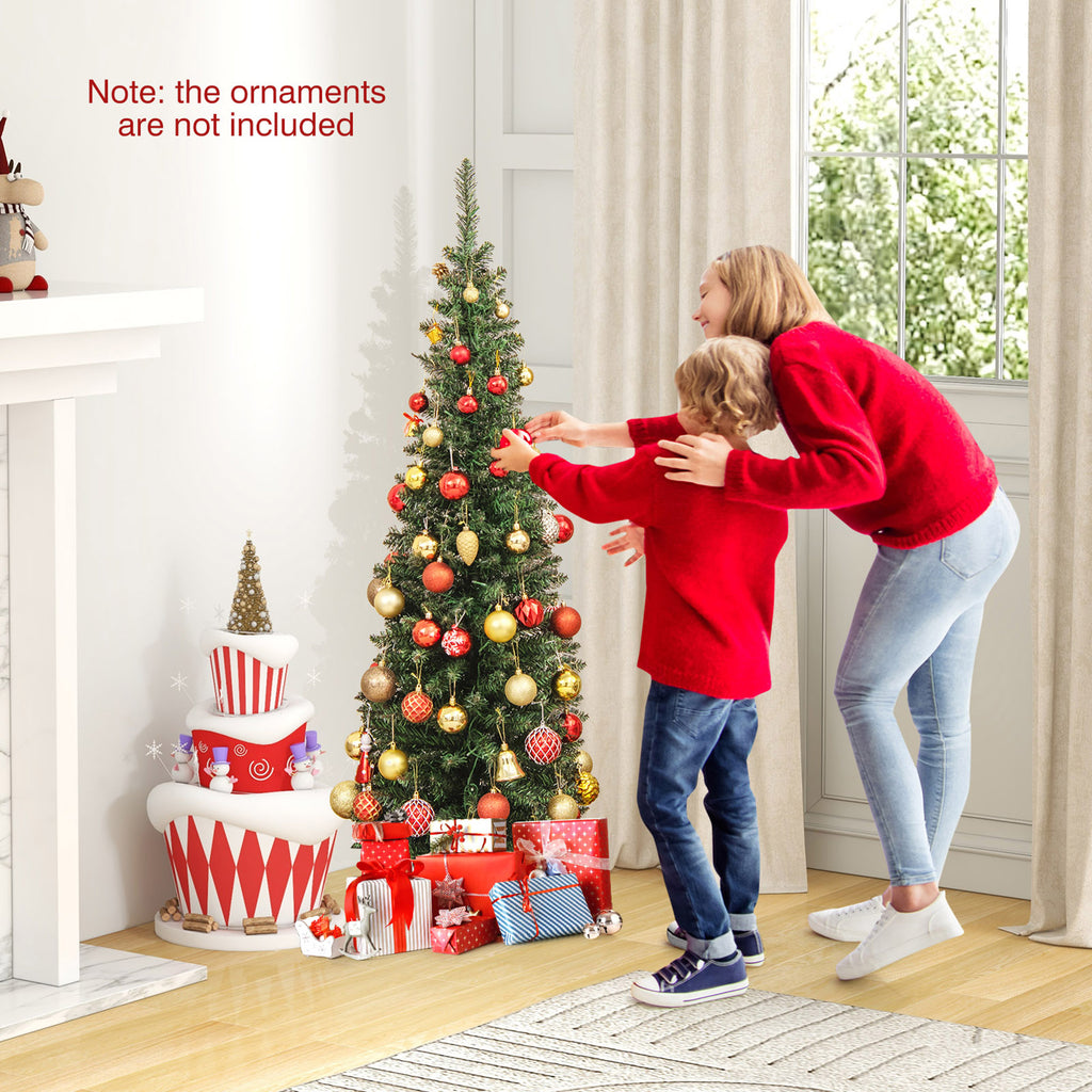 Gymax 9 FT Pre-Lit Artificial Christmas Tree Realistic Slim Pencil Xmas Tree