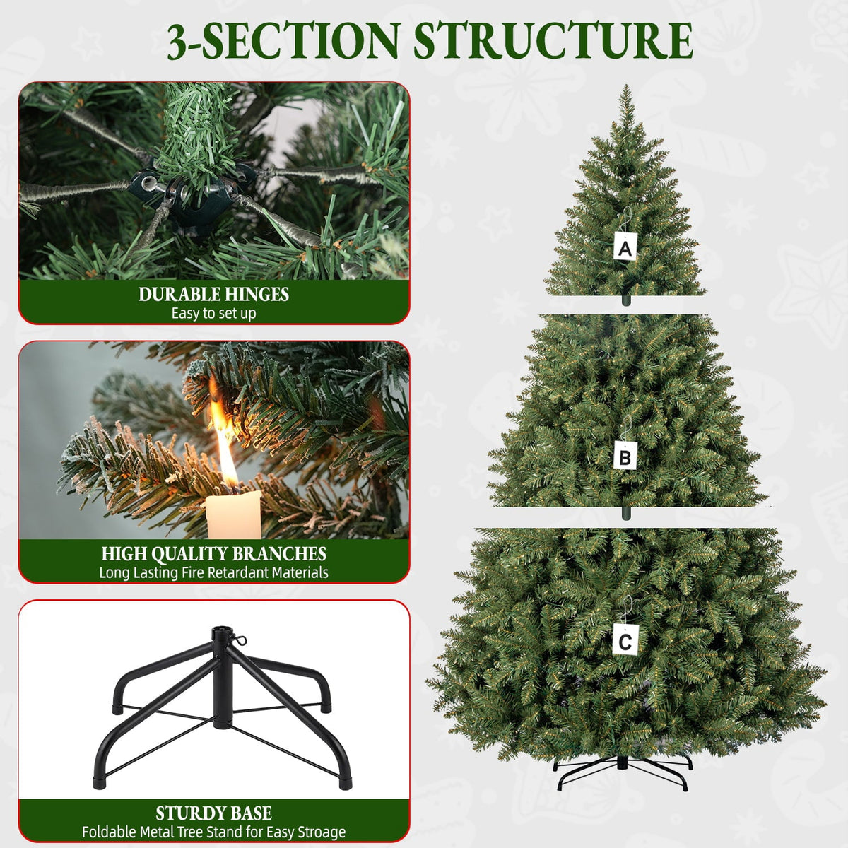 VIVATREES 6ft Pre-lit Artificial Christmas Tree 760 Hinged Branch Tips with 230 LED White Warm Lights Foldable Metal Base