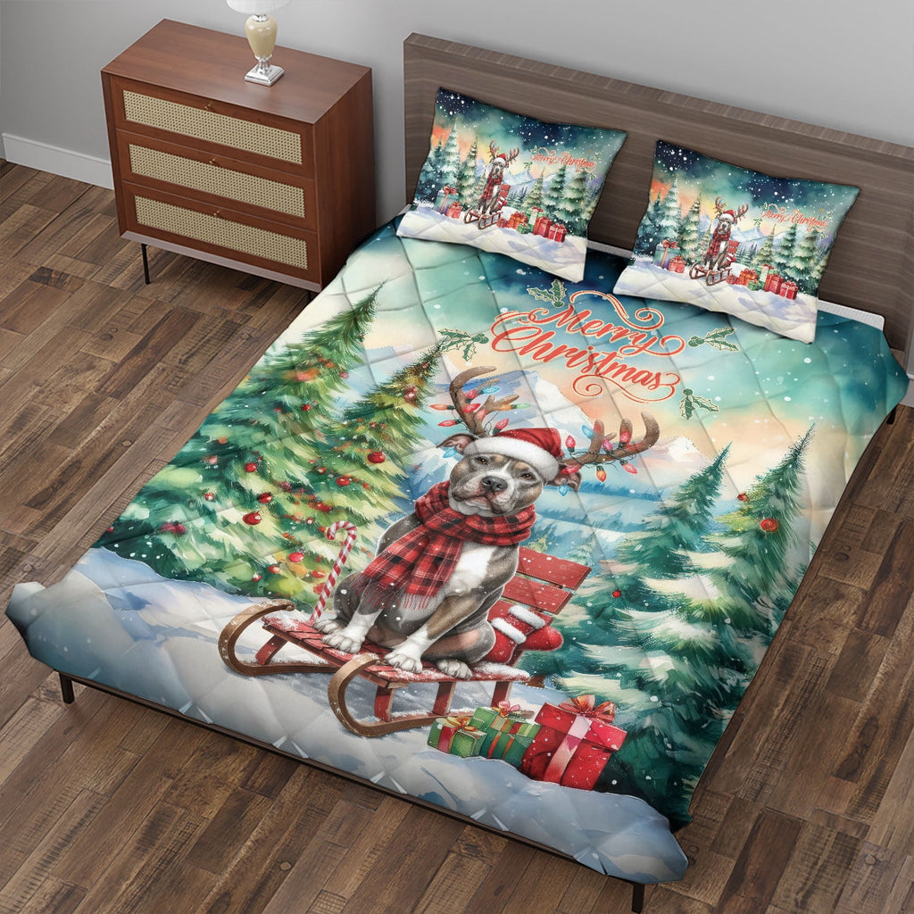 Merry Christmas Santa Reindeer Antlers French Bulldog Sleigh Xmas Winter Holiday Quilt Bedding Set Dog Lover Gifts 1 Blanket Bed Cover 2 Pillowcases - 00023