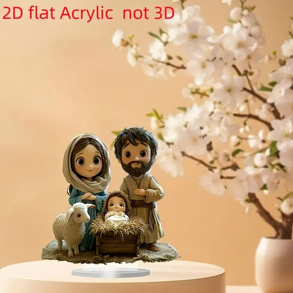 2D Acrylic Nativity Scene - Flat Manger Tabletop Decor with Sheep & Holy Family (Khaki)