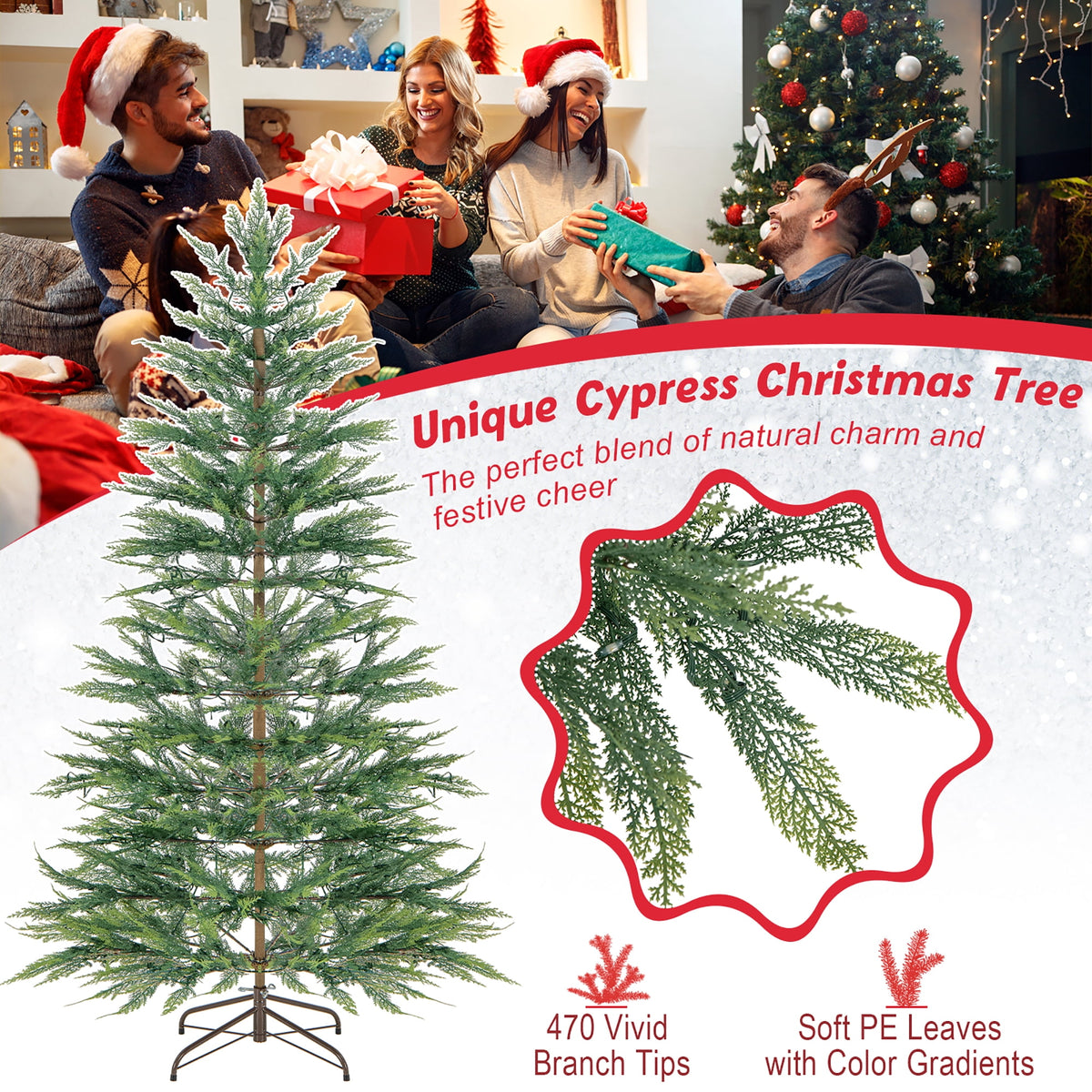 Gymax 7.5 FT Pre-Lit Artificial Christmas Tree Simulated Cypress Xmas Tree w/ Hinges
