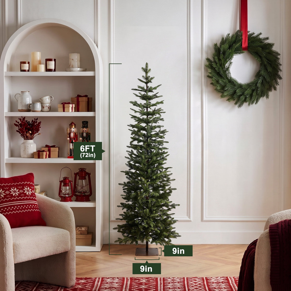 DR.Planzen 6ft Prelit Pencil Christmas Tree with 150 Warm White LED Lights, 1571 PE Branch Tips, Iron Base, Slim Artificial Christmas Tree for Apartment, Entryway, Corner, Office