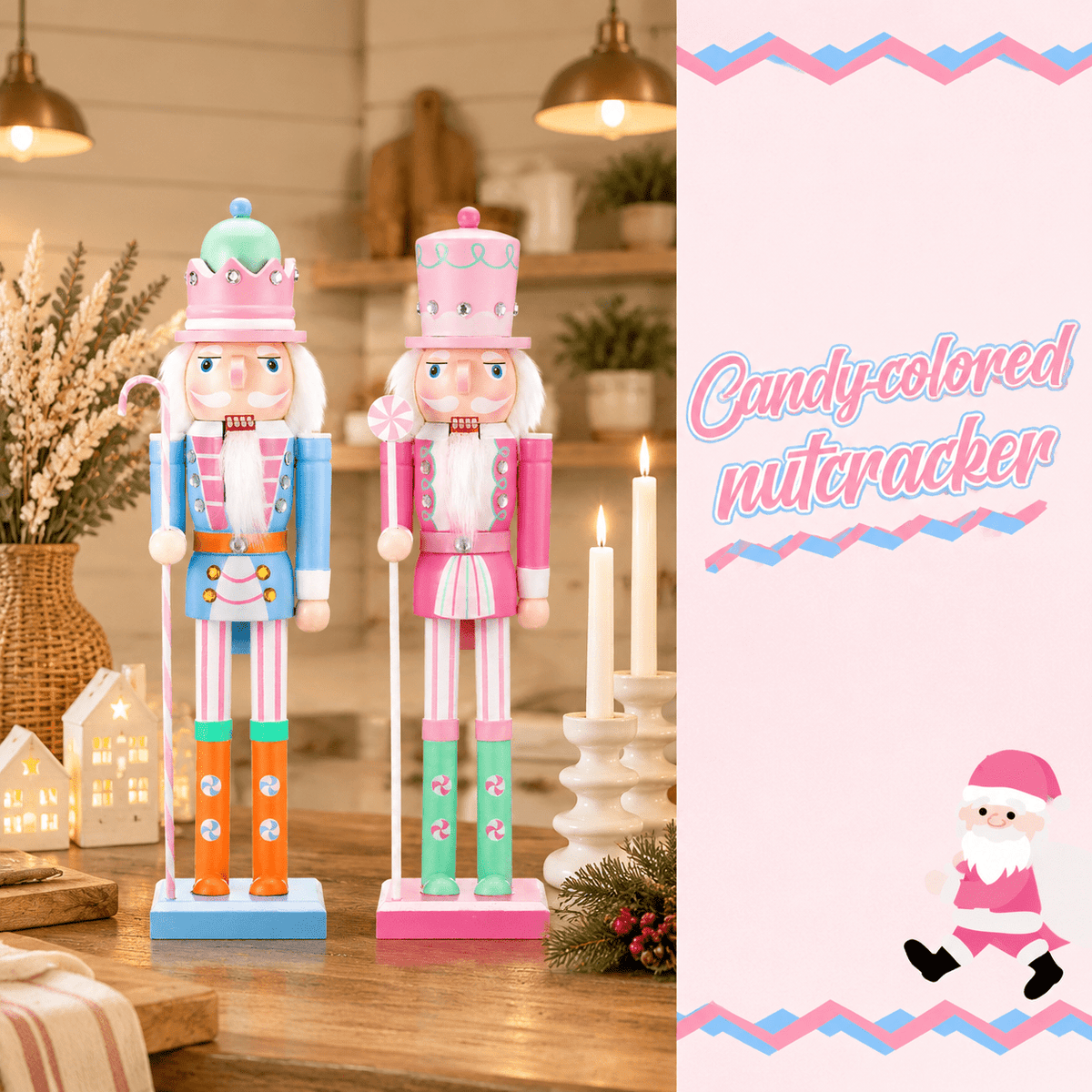 2 Pastel Nutcracker Christmas Figures, Wooden Holiday Decor Ornaments