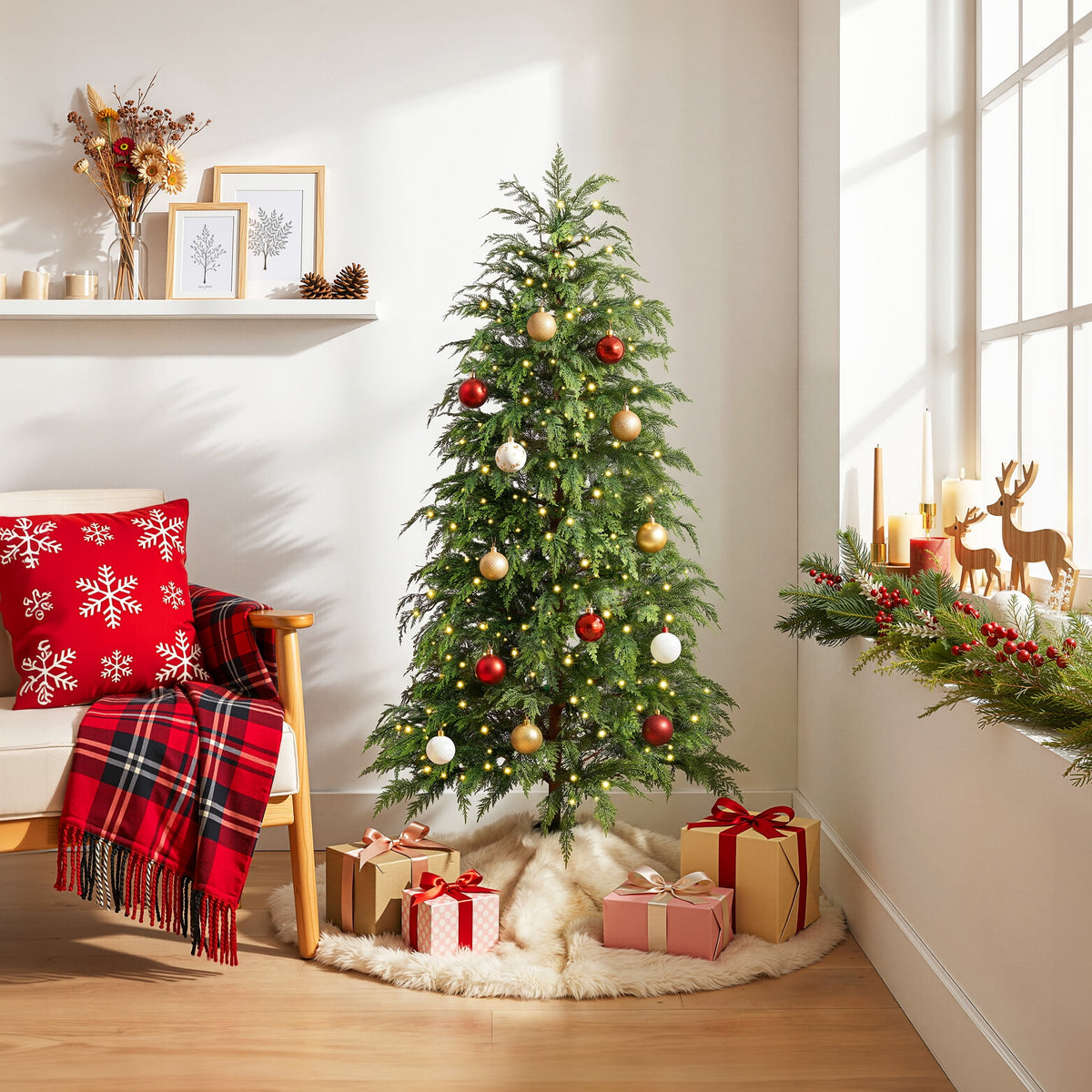 DR.Planzen 24" Pre-Lit Green Cypress Artificial Christmas Tree with 30 Warm White LED Lights, Mini Tabletop Xmas Tree in Woven Basket Base, Indoor Holiday Decoration