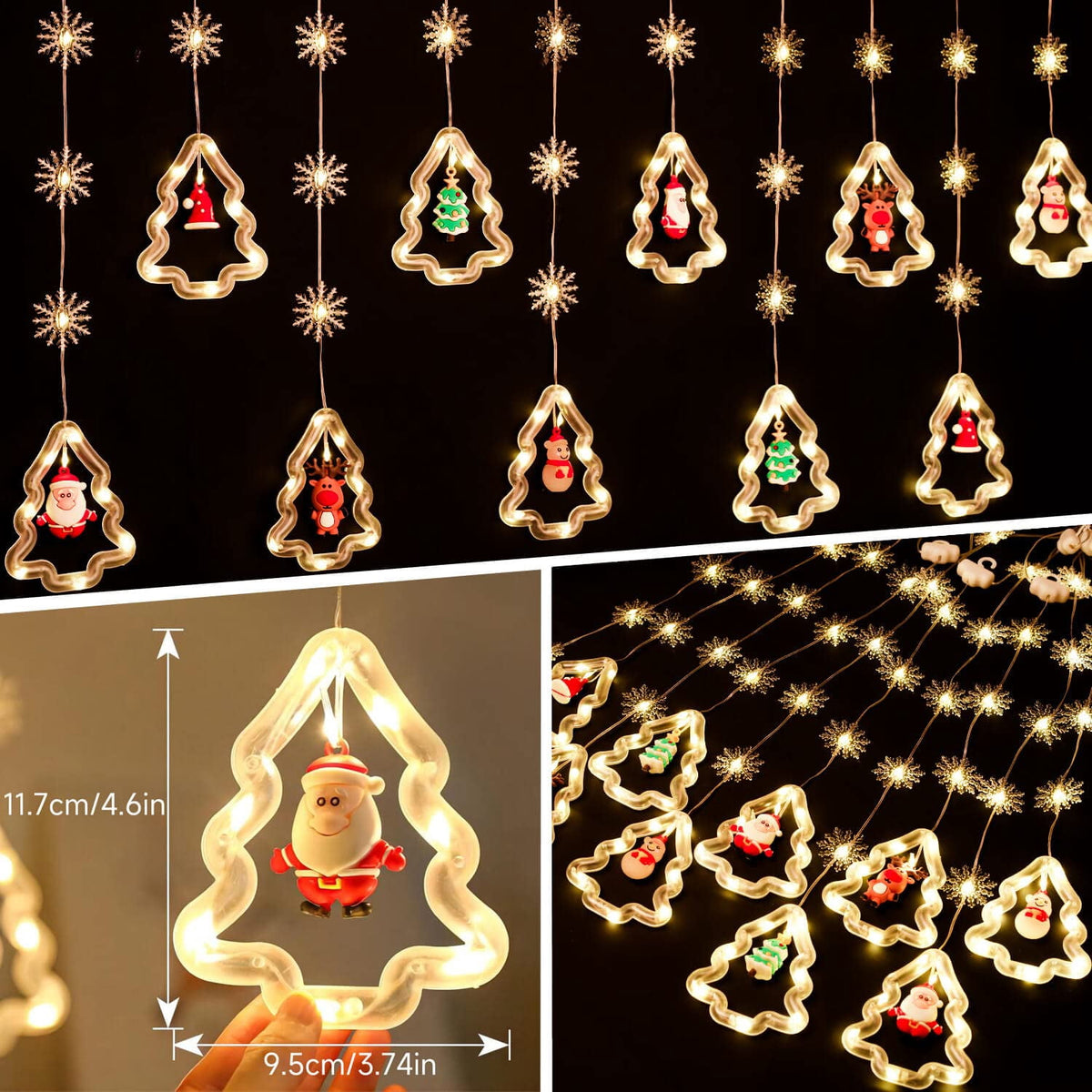 WILLED Christmas String Lights, 120 LED Window Curtain Lights with Christmas Ornaments, 9.8ft USB Powered Warm White Waterproof Fairy Lights Indoor Outdoor for Xmas Tree Patio Garden Party Home Decor
