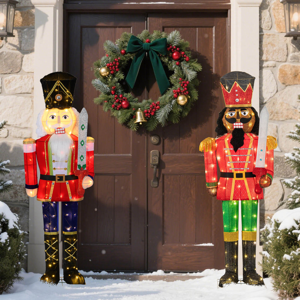 Costway 2 PCS 5 FT Lighted Christmas Nutcracker with Glitter Sword, 100 Lights for Outdoor