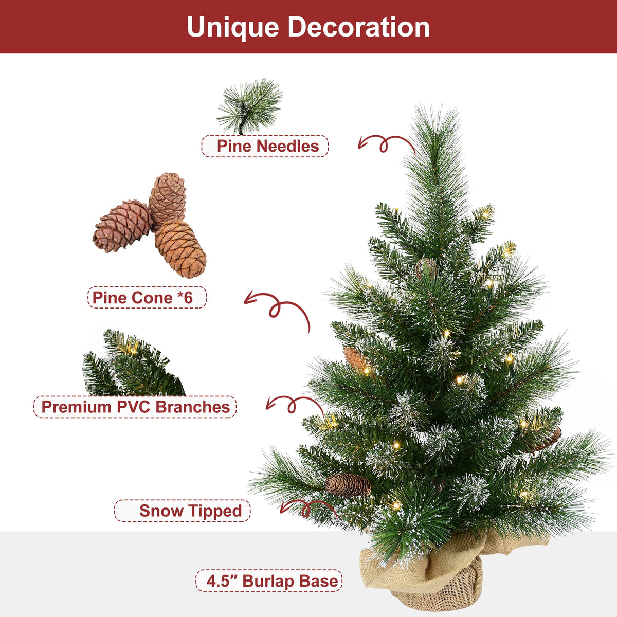 Bringstar 2FT Pre-Lit Artificial Mini Christmas Tree, Snow Tipped Tabletop Xmas Tree with 35 LED Lights, Pine Cones & Burlap Base
