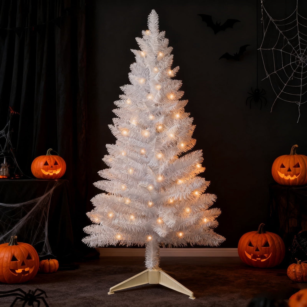 Bringstar 4FT Silver Artificial Christmas Tree with 50 String Lights, Mini Tinsel Tree, Not Pre-Lit, for Halloween & Holiday Home & Office Décor