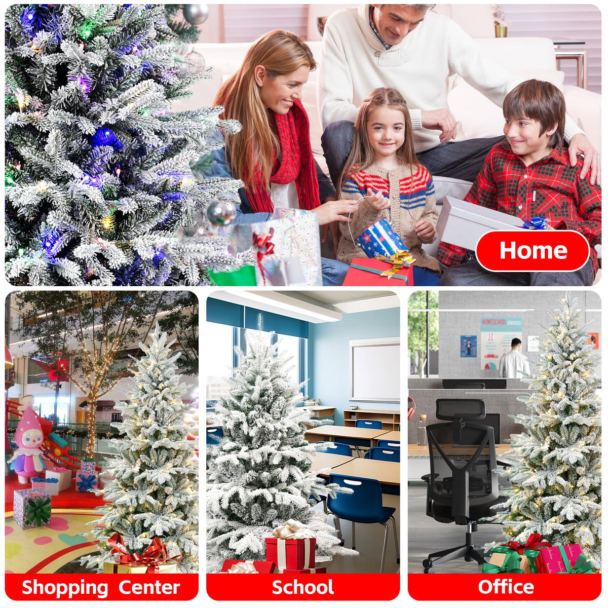 Makeatree 6 ft Prelit Snow Flocked Christmas Tree Frosted Artificial Xmas Tree with Multicolor Lights &1582PE PVC Tips, 9 Color Modes