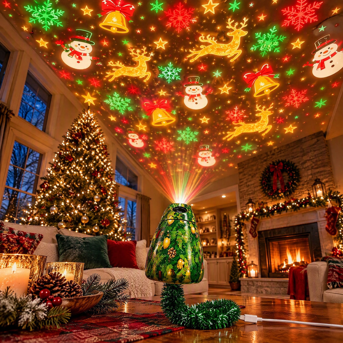 Magical Christmas Projection Night Light, USB Powered Holiday Projector with Festive Wall and Ceiling Effects for Bedroom, Living Room and Christmas Party Ambiance