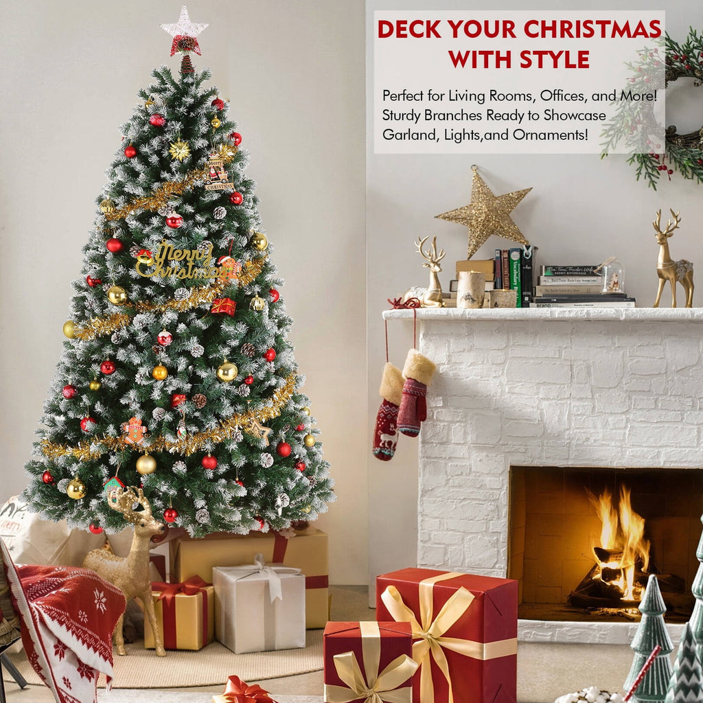 Funcid 6ft Artificial Christmas Tree with 8 Adjustable Light Flash Rate Modes, Decorated Xmas Tree with Pine Cones, Hinged Partially Flocked Christmas Tree with Foldable Metal Base