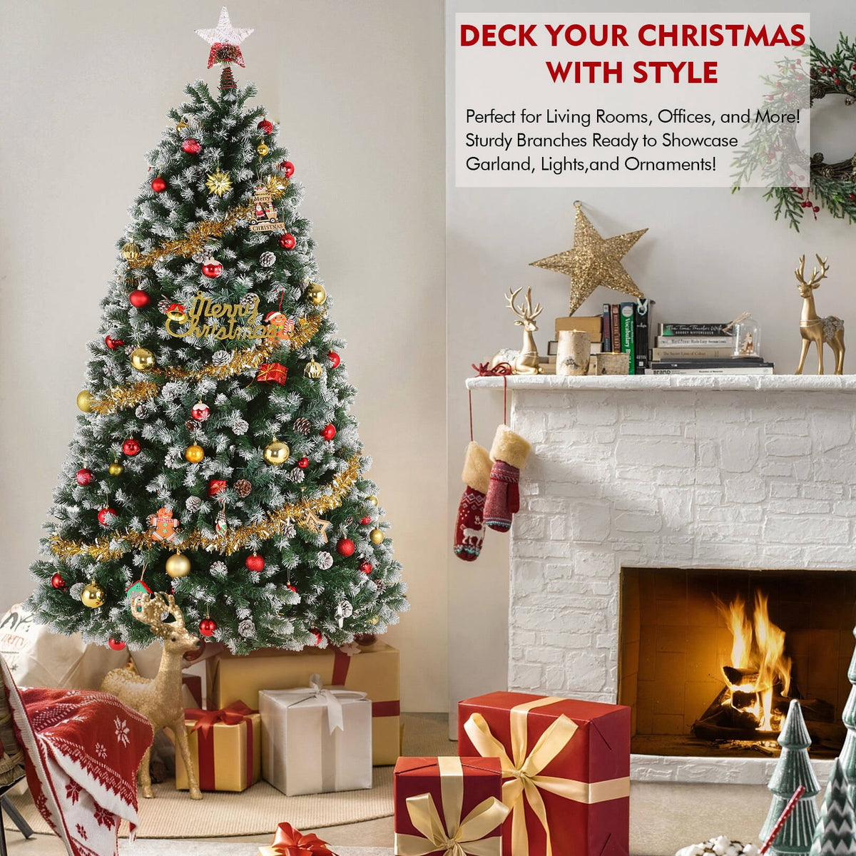 Funcid 6ft Artificial Christmas Tree with 8 Adjustable Light Flash Rate Modes, Decorated Xmas Tree with Pine Cones, Hinged Partially Flocked Christmas Tree with Foldable Metal Base