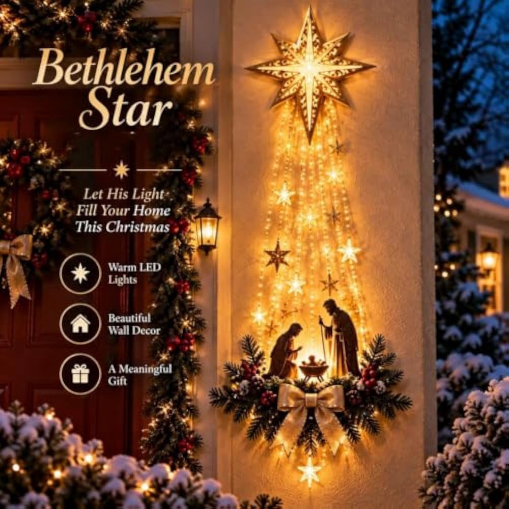 Lighted Nativity Bethlehem Star Wall Decor with Warm LED Lights, Gold, 1 Piece