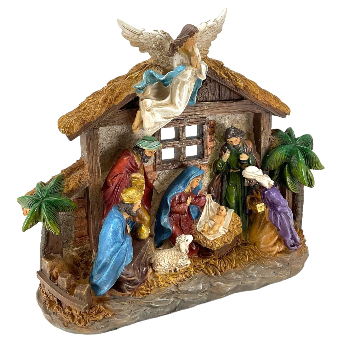 Gerson 2604470 Battery Operated Lighted Resin Nativity Stable with Figurines 12.4" L