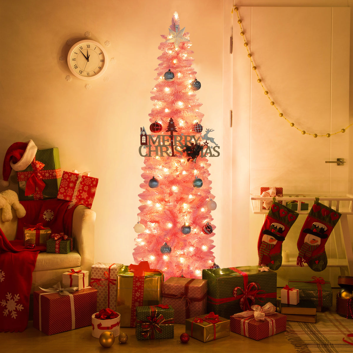 VEIKOUS 6ft Christmas Tree Crooked Neck with Topper, Prelit Xmas Tree with 200 LED Lights & 536 Branch Tips, Bendable Top Christmas Slim Tree for Holiday Decor, Green