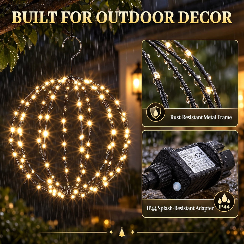 ABORON Christmas Decoration Ball Lights, Pre-Lit Hanging Foldable Xmas Light Ball with 8 Lighting Modes for Outdoor Holiday Lights Decor -16.5" 3 Pk