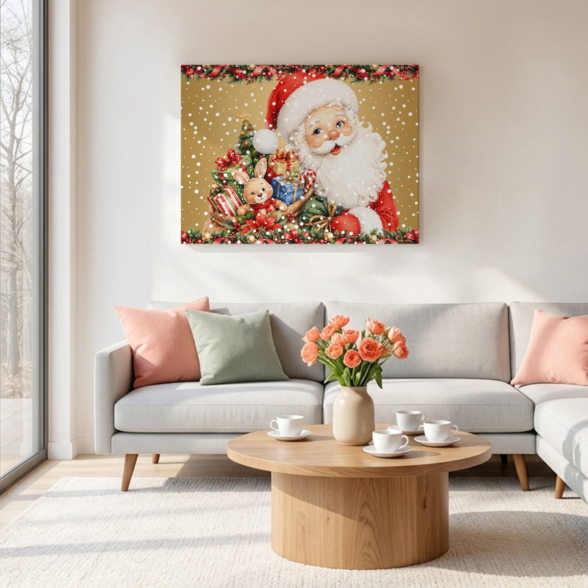 Vintage Santa Claus Canvas Print Wall Art Christmas Gift Box Bunny Rabbit Snowflake Wall Decor Modern Artwork Paintings Pictures for Living Room Stretched and Framed Ready to Hang - 20" x 24"