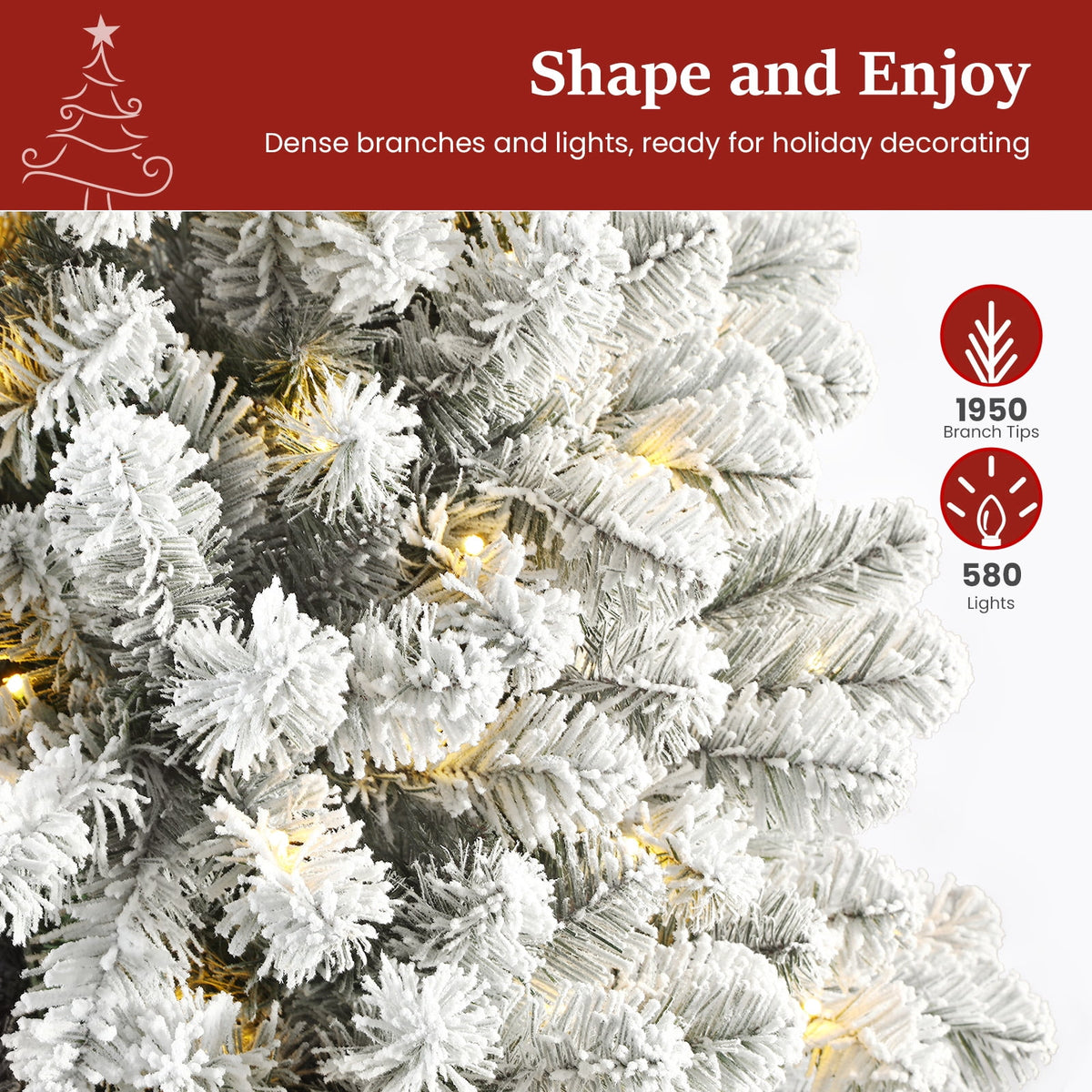 Lolsea 7ft Prelit Snow Flocked Artificial Holiday Christmas Tree w/ Warm White Lights, Foldable Stand, Full Snow Branch Tips