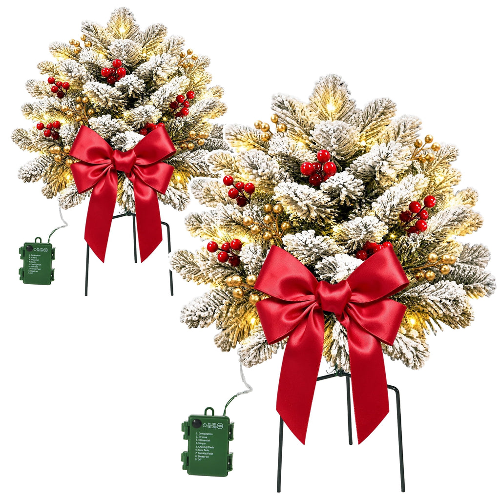 2PK Prelit Outdoor Christmas Trees Christmas Urn Pot Filler Snow Flocked Lighted Christmas Trees with 100 LED Warm White/Colorful Lights Timer 8 Modes for Front Door Porch Christmas Decoration