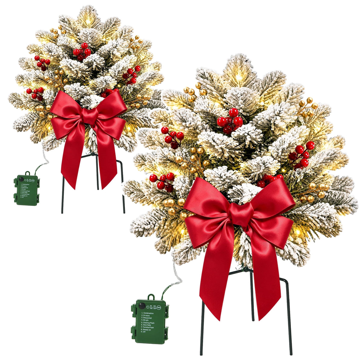 2PK Prelit Outdoor Christmas Trees Christmas Urn Pot Filler Snow Flocked Lighted Christmas Trees with 100 LED Warm White/Colorful Lights Timer 8 Modes for Front Door Porch Christmas Decoration