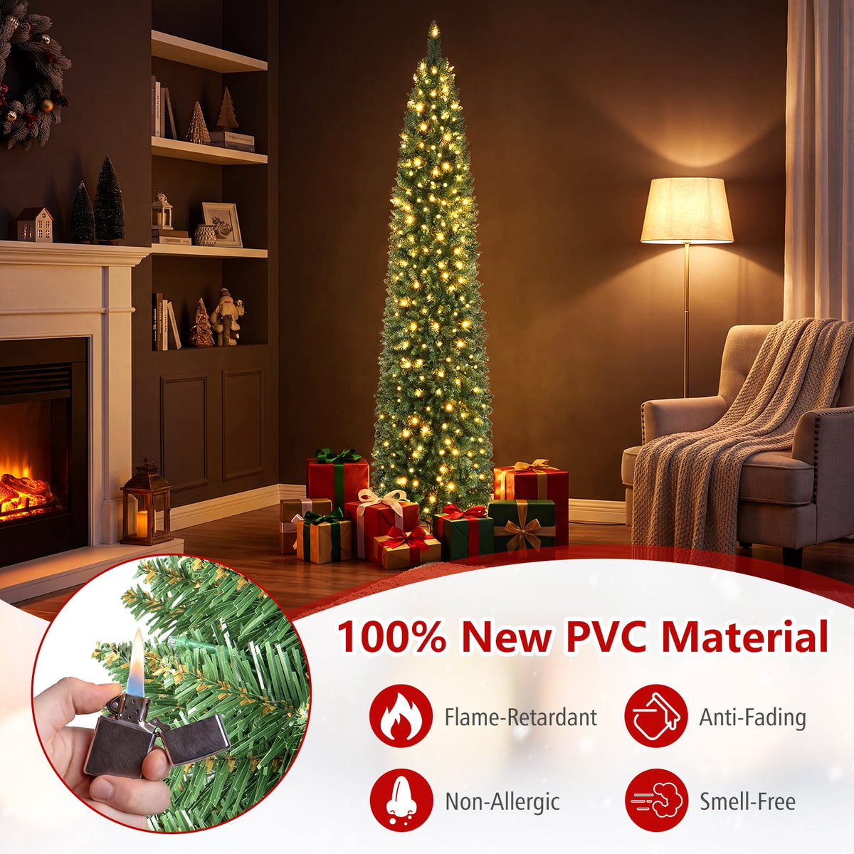 Costway 6 FT Pencil Christmas Tree Pre-Lit Folding Metal Stand Green