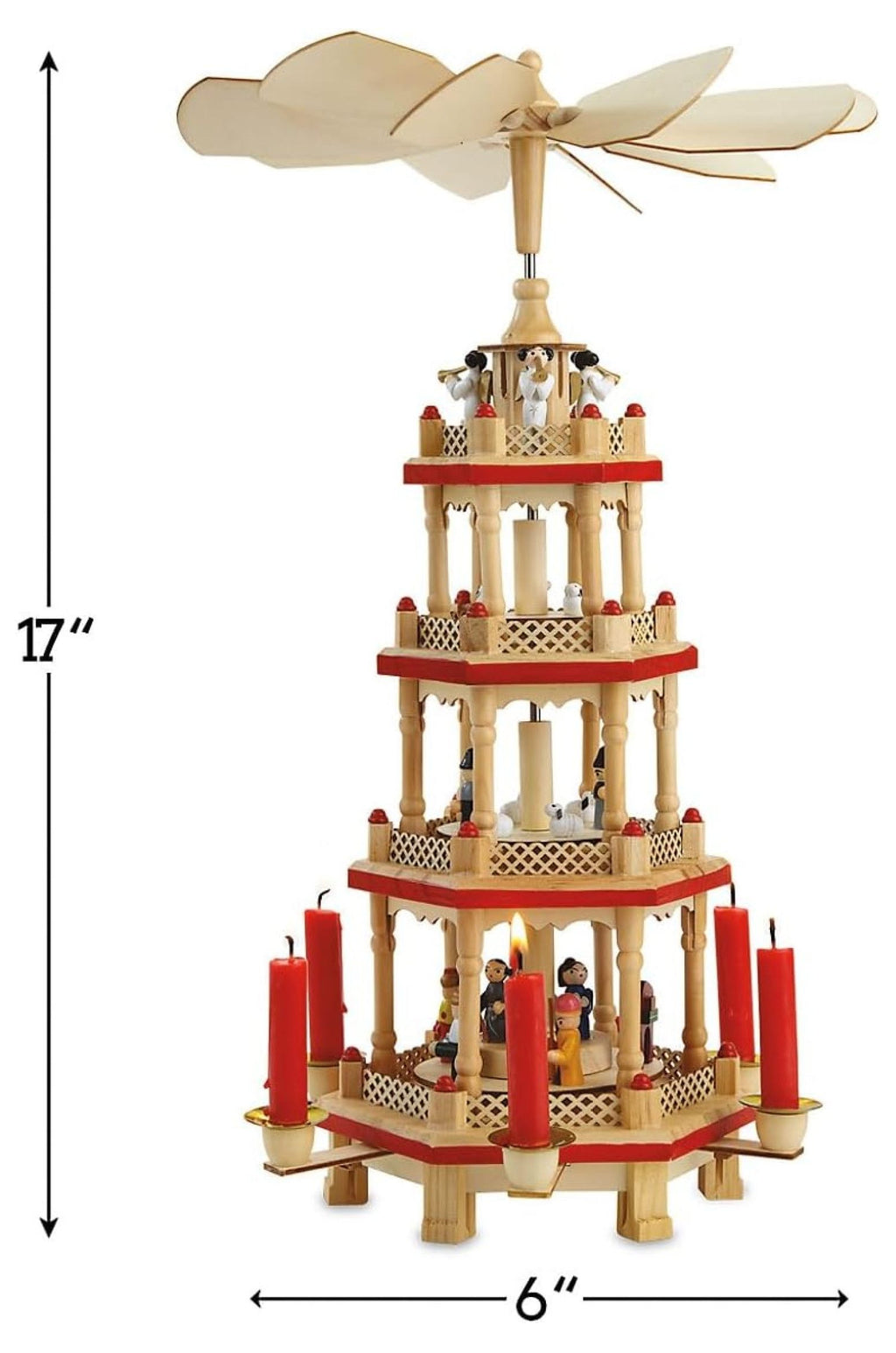 German Christmas - 17 Inch Spinning Nativity Table Top Holiday Décor, 4-Tier Carousel with Candle Holders