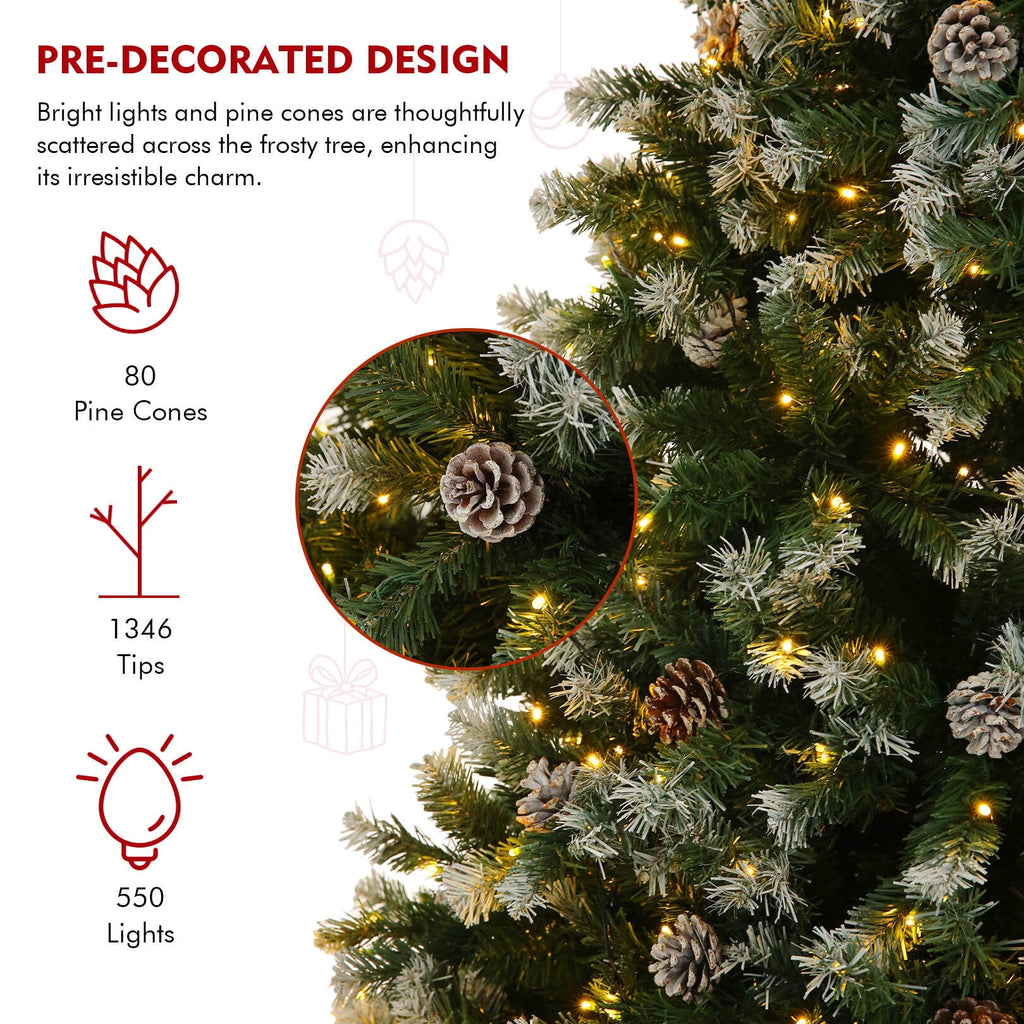 Funcid 6ft Artificial Christmas Tree with 8 Adjustable Light Flash Rate Modes, Decorated Xmas Tree with Pine Cones, Hinged Partially Flocked Christmas Tree with Foldable Metal Base