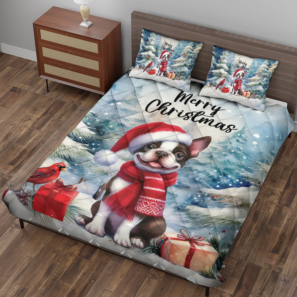 Merry Christmas French Bulldog Enjoys Woofmas Winter Xmas Holiday Quilt Bedding Set Dog Lover Gifts 1 Blanket Bed Cover 2 Pillowcases - 02022