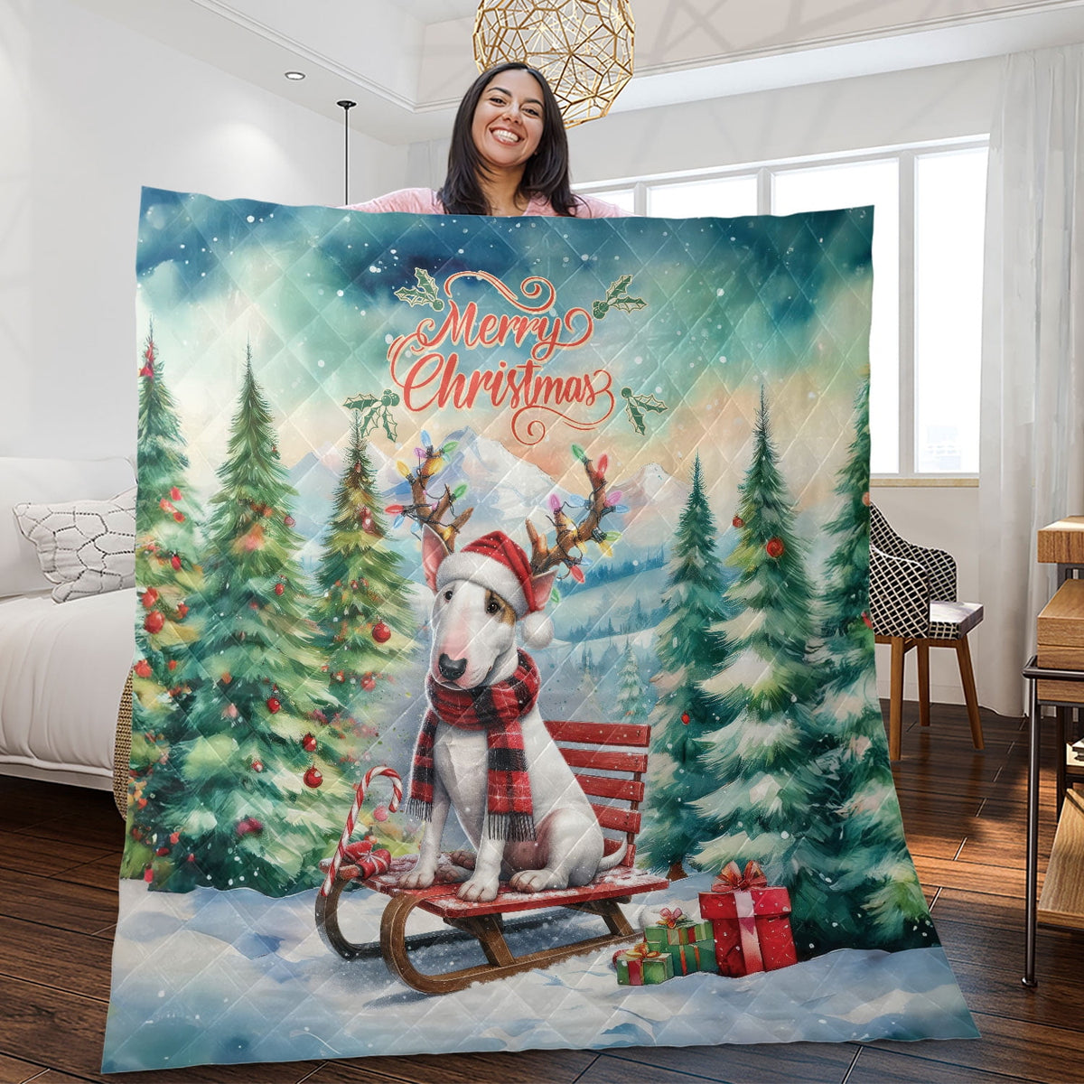 Merry Christmas Santa Reindeer Antlers French Bulldog Sleigh Xmas Winter Holiday Quilt Bedding Set Dog Lover Gifts 1 Blanket Bed Cover 2 Pillowcases - 00023