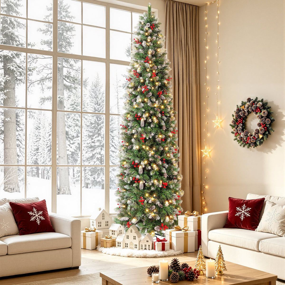 Aufeile 6ft Pencil Christmas Tree, Slim Pre-Lit Xmas Tree, 200 LED Lights, 600 Hinged Tips, Pine Cones, Berries, Metal Stand