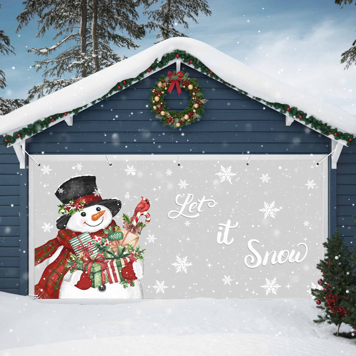 Fsddascl 7 x 16 Ft Christmas Garage Door Cover, Black Christmas Tree Large Garage Door Banner, Xmas Snowflake Green Golden Hanging Garage Mural Background for Indoor Outdoor Xmas Party Supplies