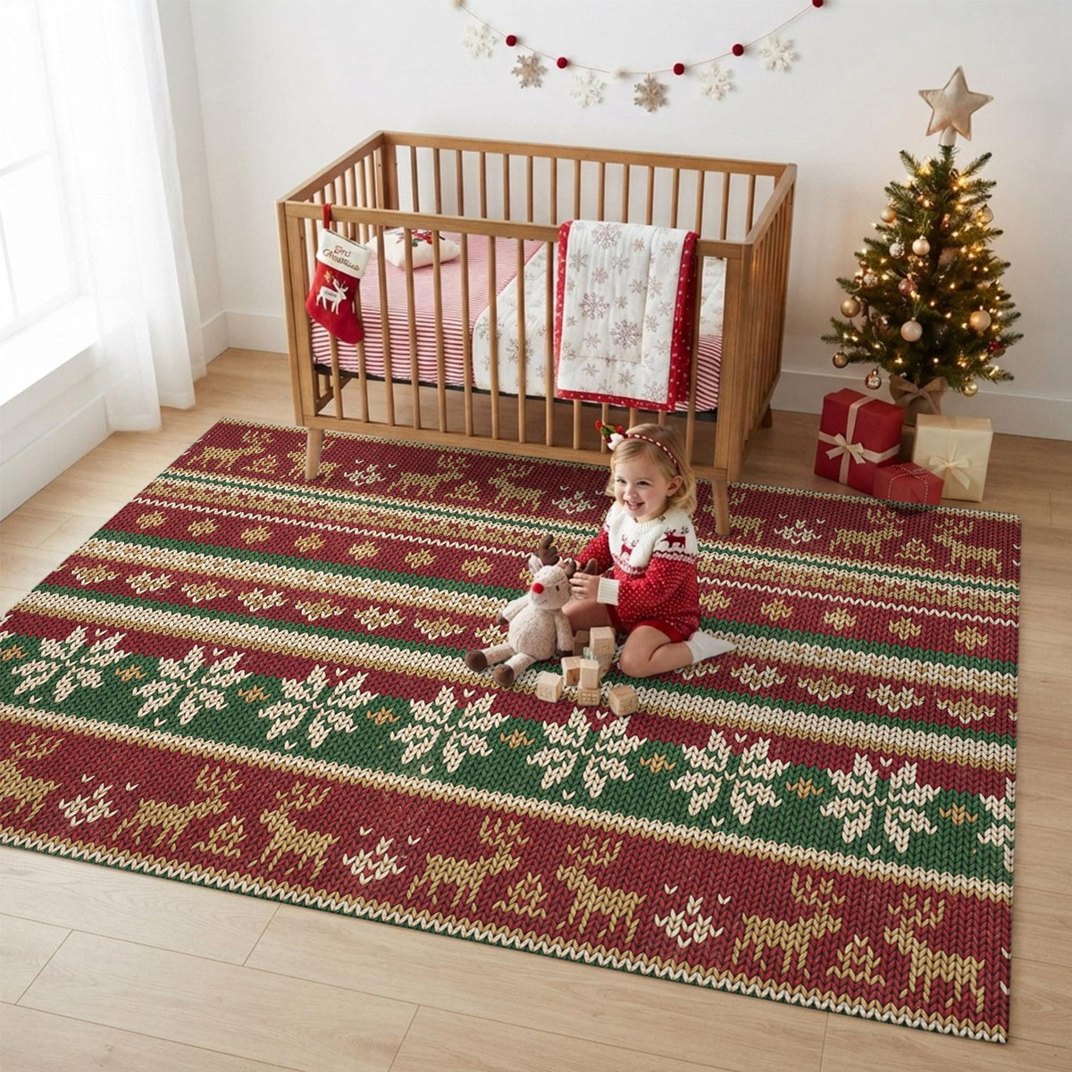 Christmas Washable Area Rug 5x7 Winter Farmhouse Red Green Snowflake Deer Striped Low-Profile Large Area Rugs with Non Slip Backing Indoor Floor Carpet for Entrance Living Room Bedroom Home Office
