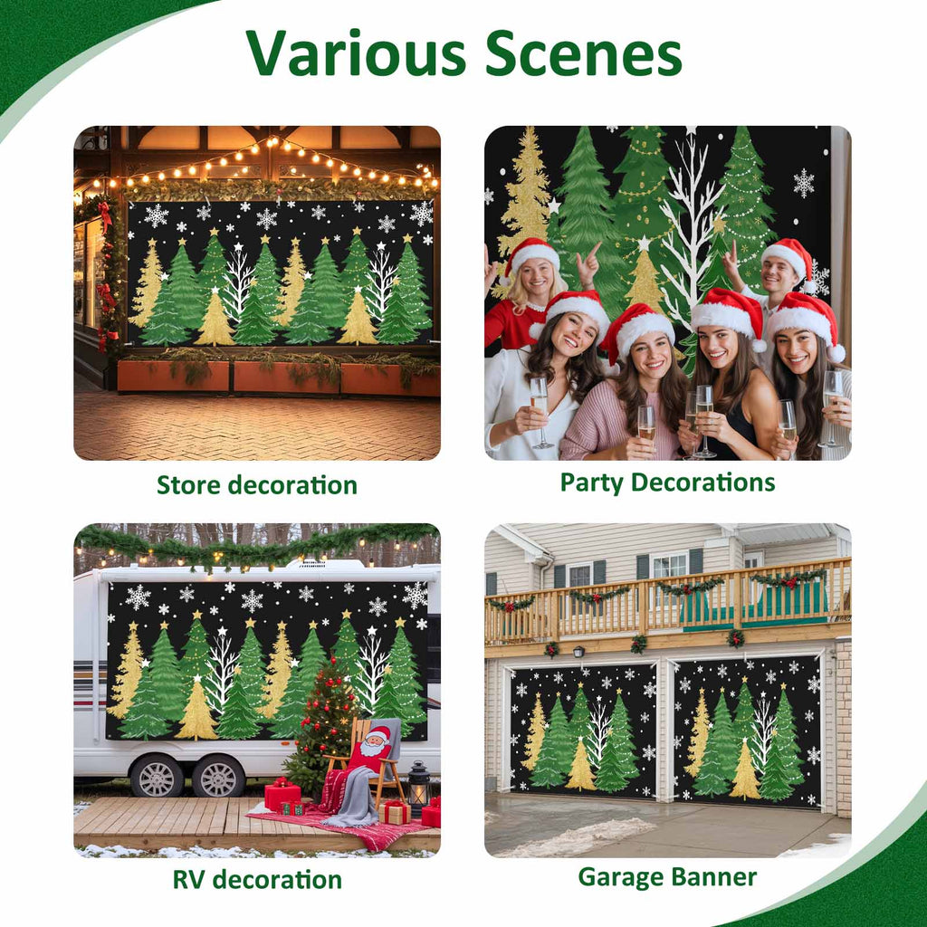 Fsddascl 7 x 16 Ft Christmas Garage Door Cover, Black Christmas Tree Large Garage Door Banner, Xmas Snowflake Green Golden Hanging Garage Mural Background for Indoor Outdoor Xmas Party Supplies