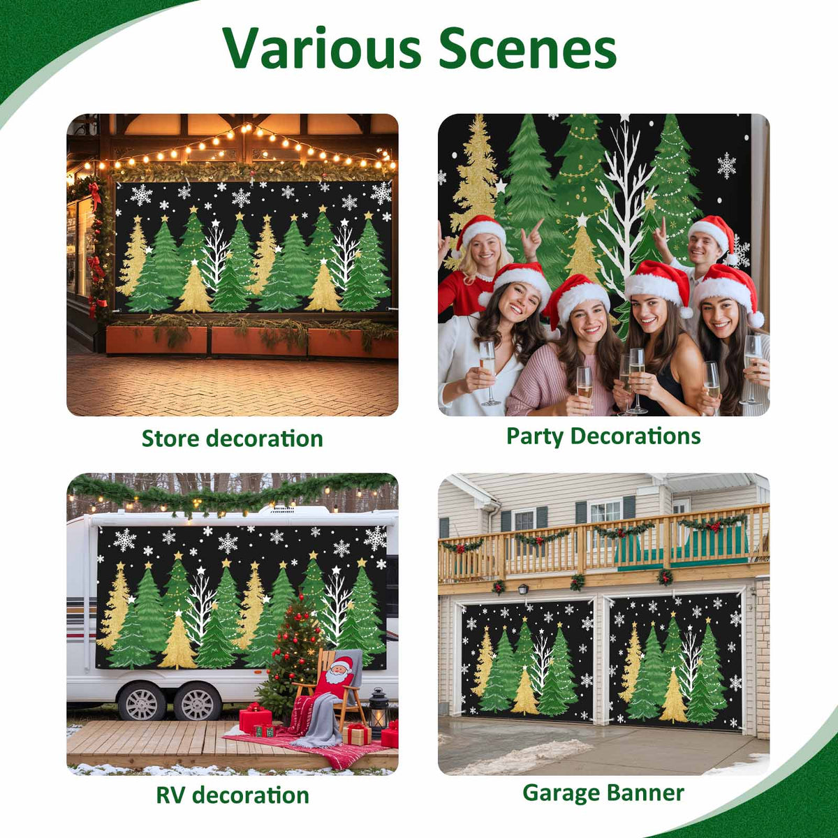 Fsddascl 7 x 16 Ft Christmas Garage Door Cover, Black Christmas Tree Large Garage Door Banner, Xmas Snowflake Green Golden Hanging Garage Mural Background for Indoor Outdoor Xmas Party Supplies