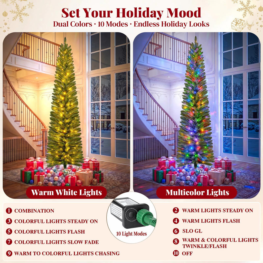 Goosiay Pre-Lit Pencil Artificial Christmas Tree, 6ft Xmas Tree with Metal Stand for Christmas Decoration, Green