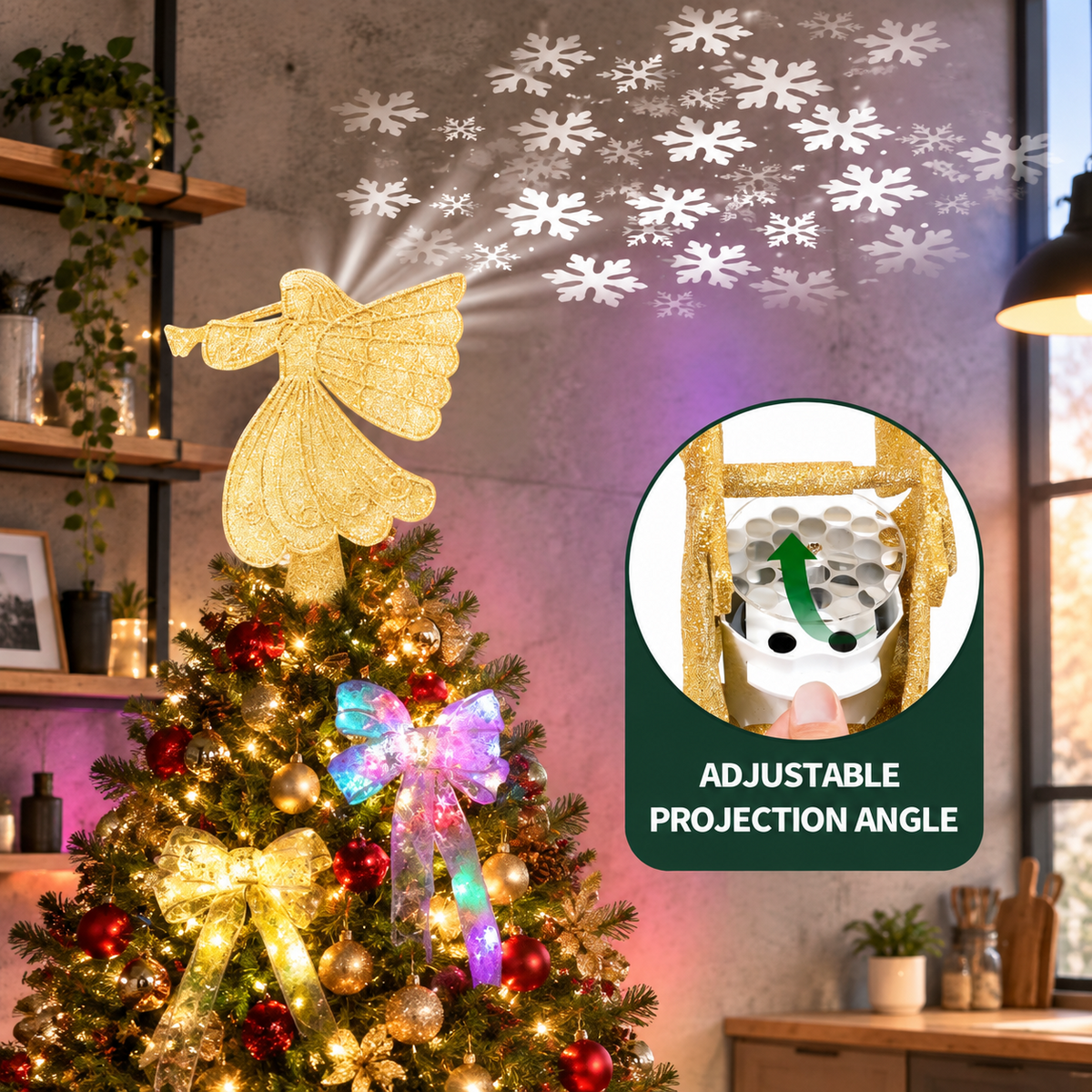 Lighted Angel Christmas Tree Topper with 6 Projection Modes and Rotating 3D Glitter Projector