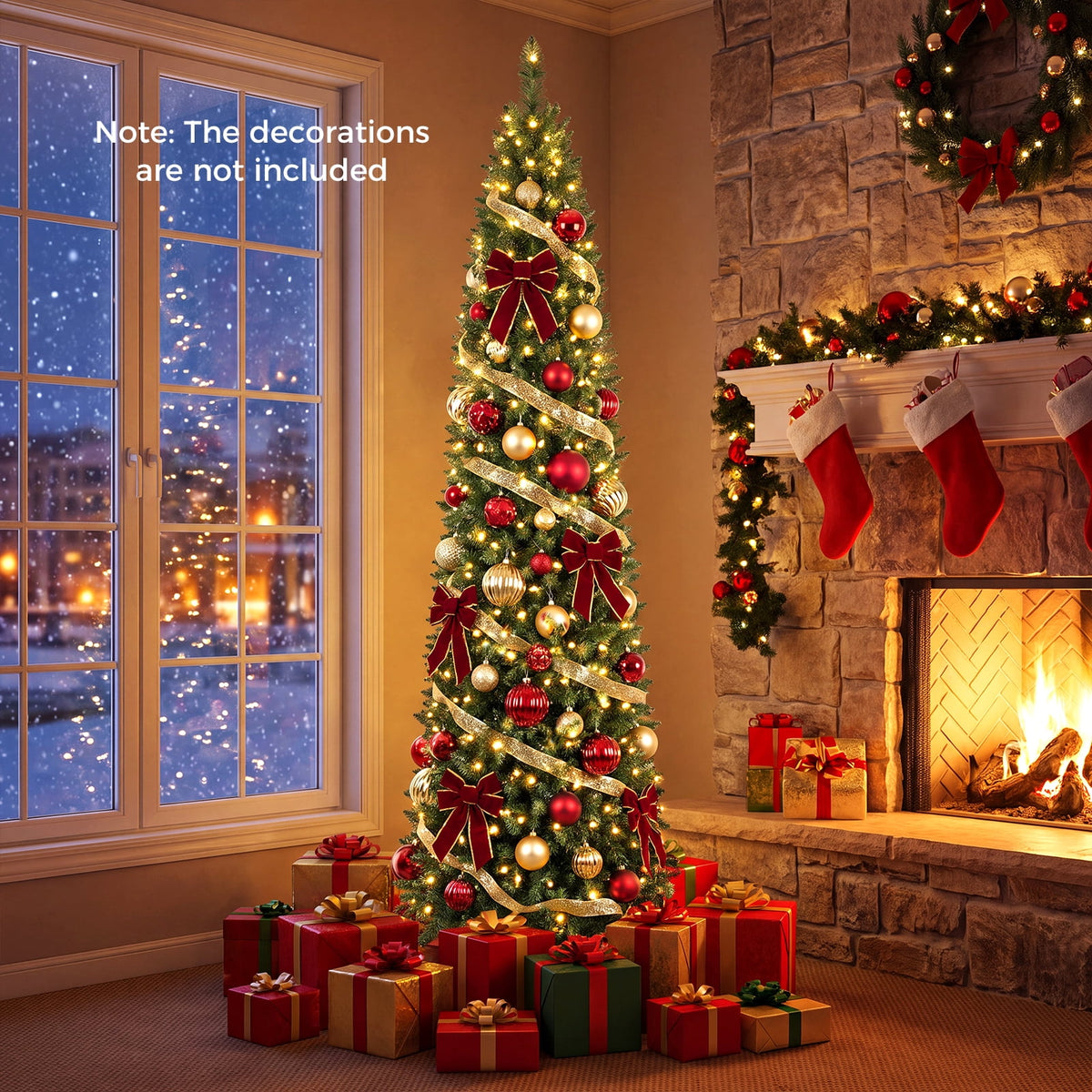 Gymax 9 FT Pre-Lit Artificial Christmas Tree Realistic Slim Pencil Xmas Tree
