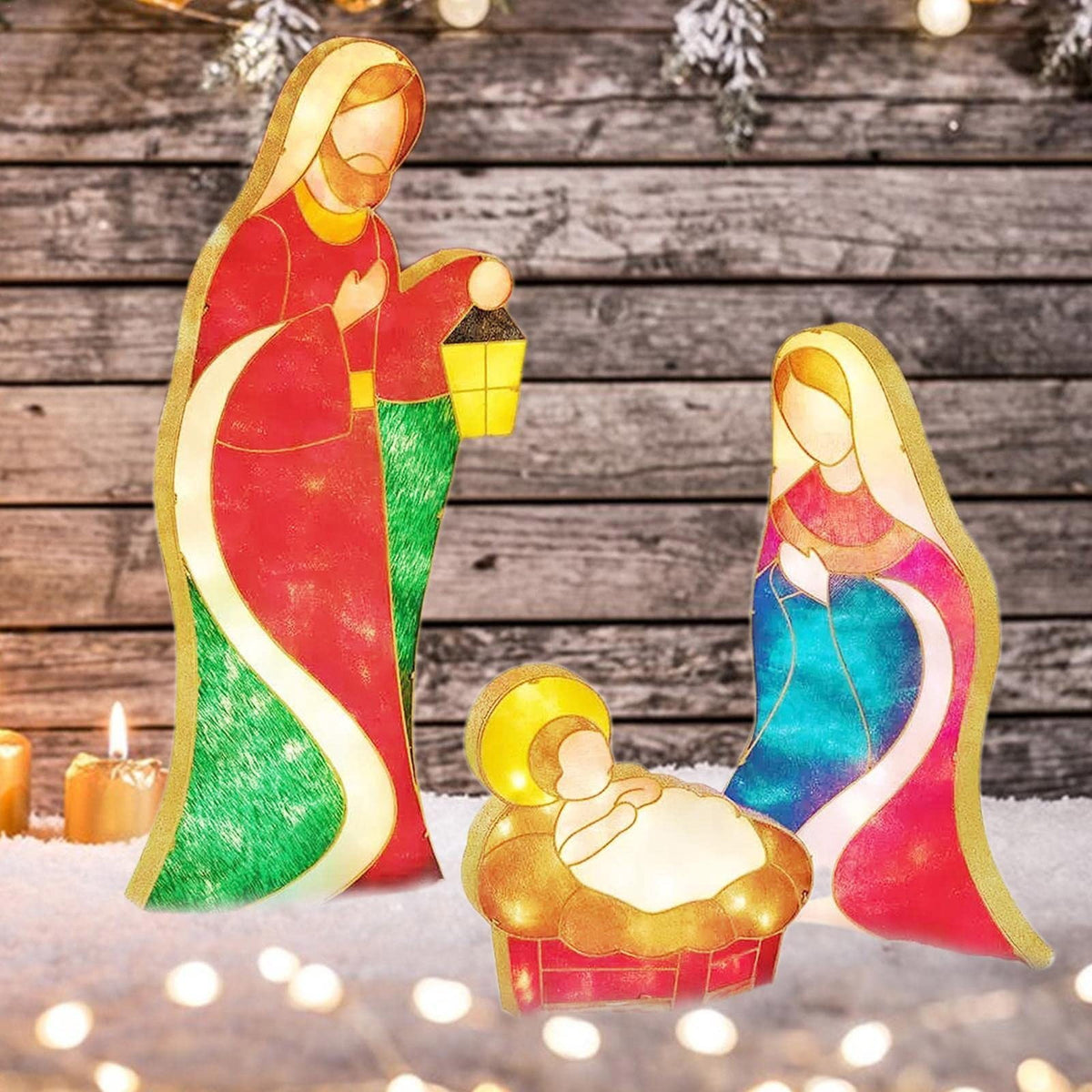 Mini Outdoor Lighted Nativity Scene Set, 9.06 -11. Inches Stained Acrylic Holy Family Decor, Easy Assemble Religious Christmas Yard Decoration for Garden Lawn
